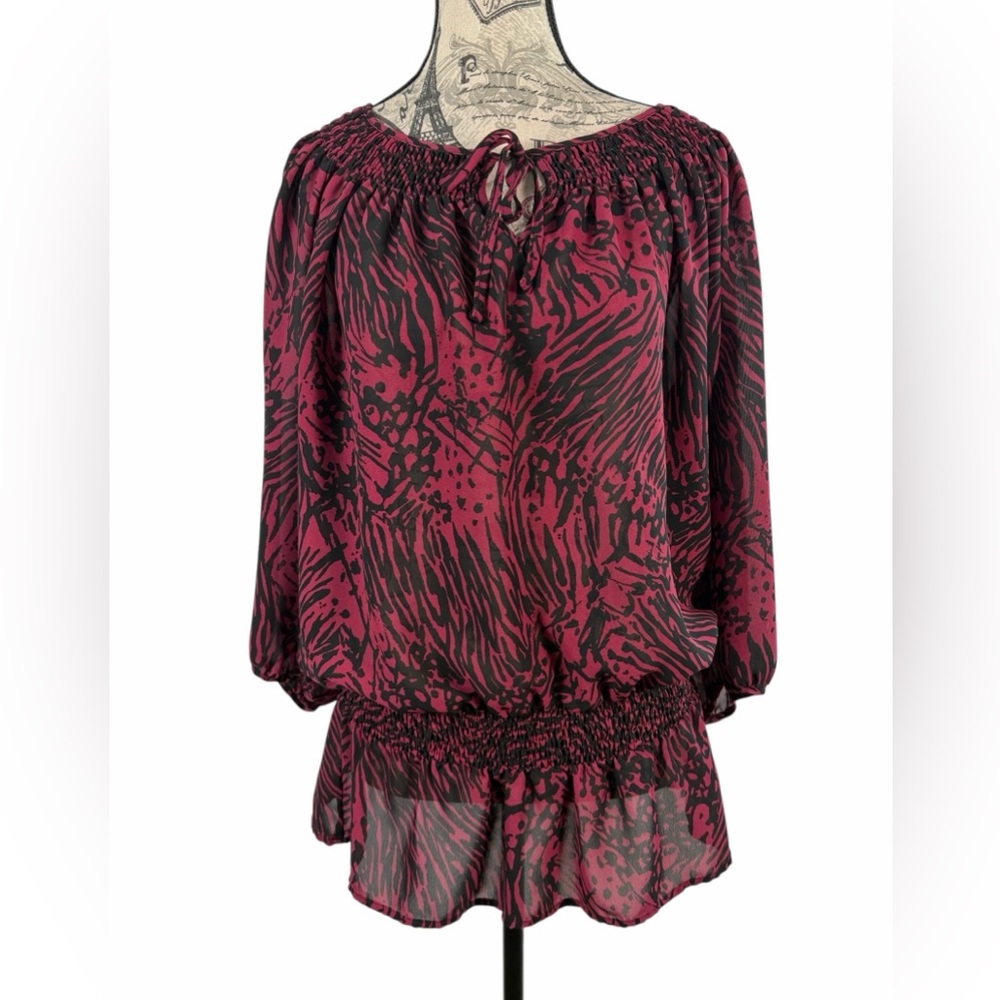 Miss Tina by Tina Knowles purple Zebra Print 
 Off-Shoulder Smocked Tunic Size L